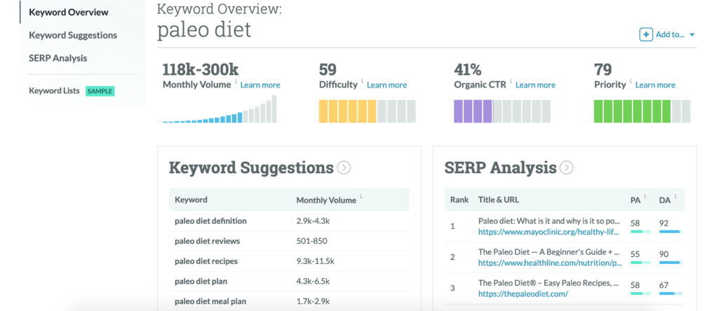 Keyword research on Moz's Keyword Planner