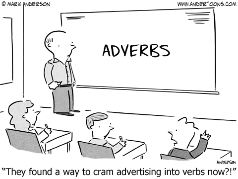 Drawing of students asking if advertisers have found a way to add ads in verbs.