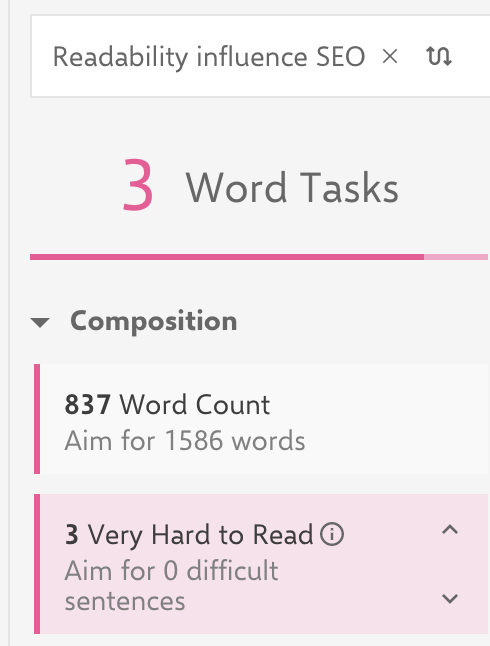 INK shows the word count of the competition and too complex sentences.