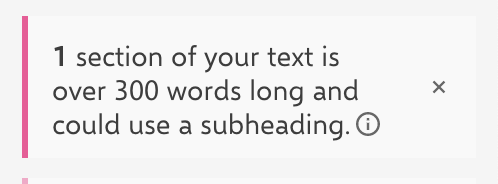 INK tells the user that they need to add a subheading to their article.