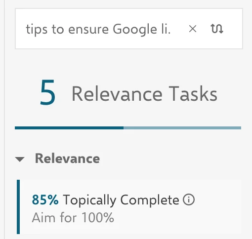 Screenshot from INK showing that I"m only 85% topically complete.