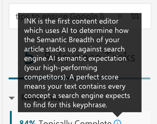 Screenshot from INK explaining what topically complete means. 