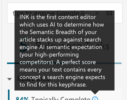 Screenshot from INK explaining what topically complete means.
