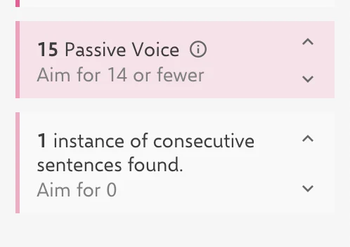 Screenshot from INK showing the overuse of passive voice in this article.