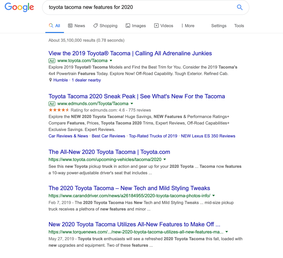 Screenshot from the Google that shows the brand name Toyota is in the title.