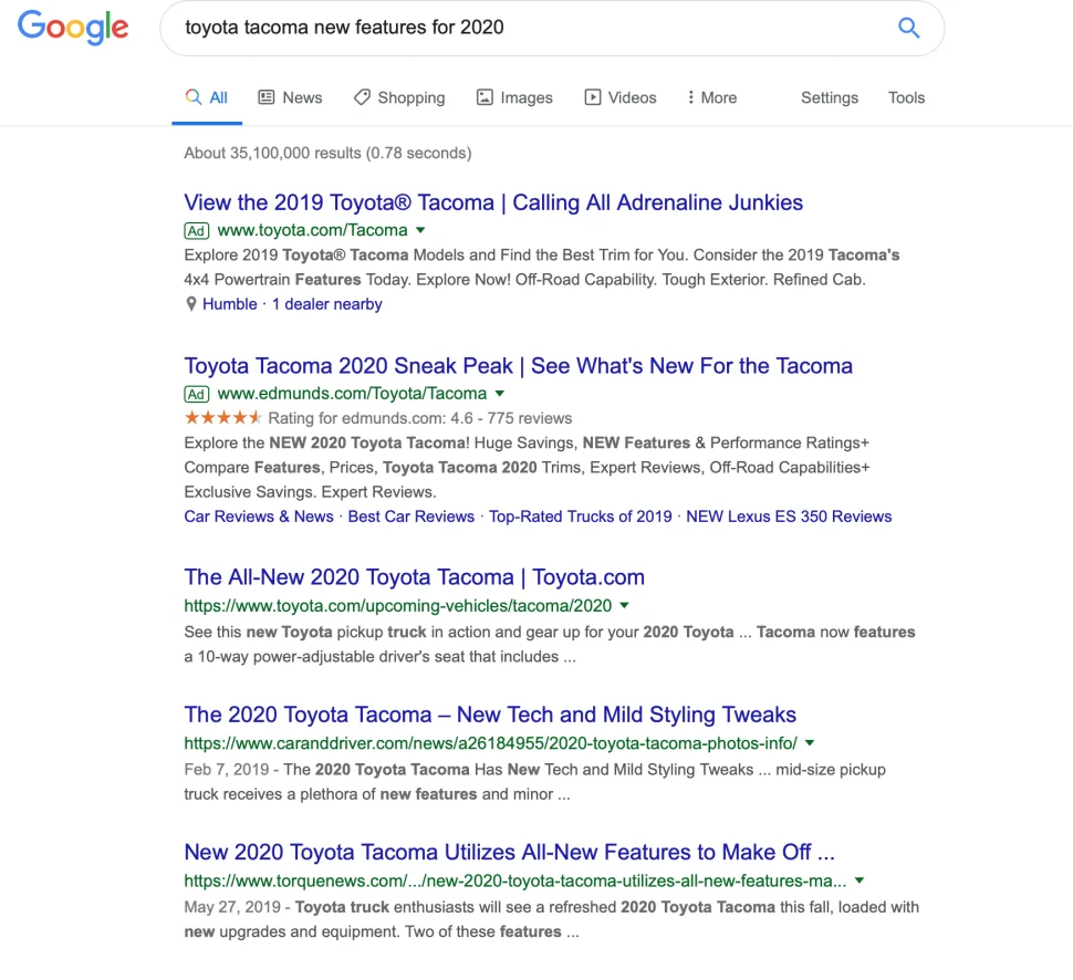 Screenshot from the Google that shows the brand name Toyota is in the title.