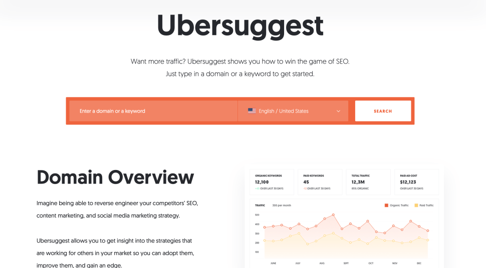 Screenshot of the landing page for Ubersuggest.