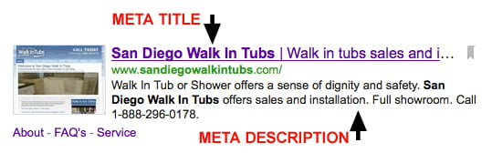 Search engine results showing what a meta title is versus a meta description