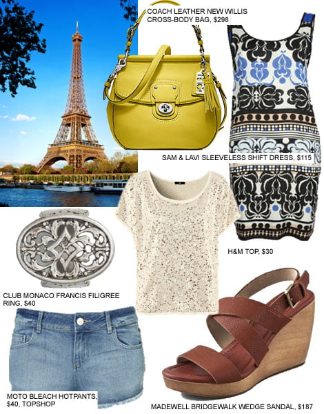 Shorts, dress, sandals, stylist bag are all items to pack for summer in Paris.