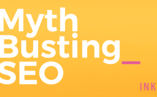 "Myth Busting SEO" is written in white on a warm, orange background