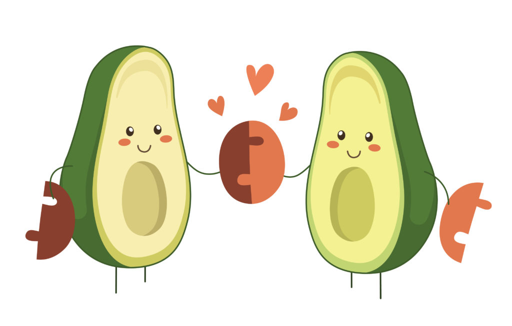 A cartoon drawing of two avocado halves reuniting by holding their mutual pit surrounded by hearts.