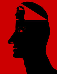 Drawing of a large head in black against a red background. A smaller head pops out of the top and an even smaller head pops out of the top of the second head like Matroska dolls.