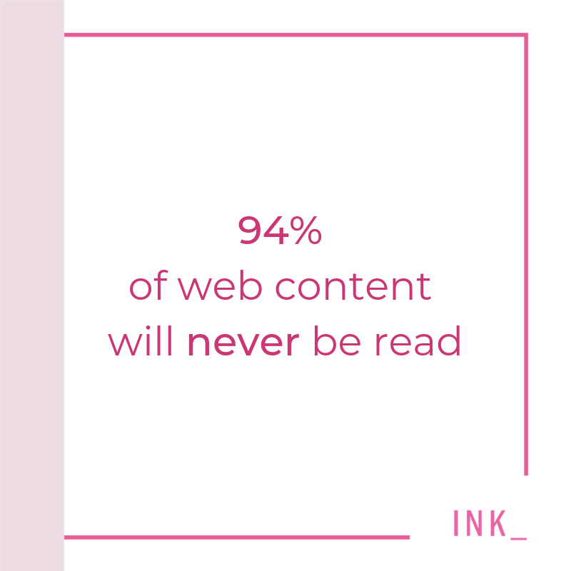 Pink text on a white background with the INK logo reads "94% of web content will never be read".