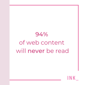 Pink text on a white background reads "94% of web content will never be read".