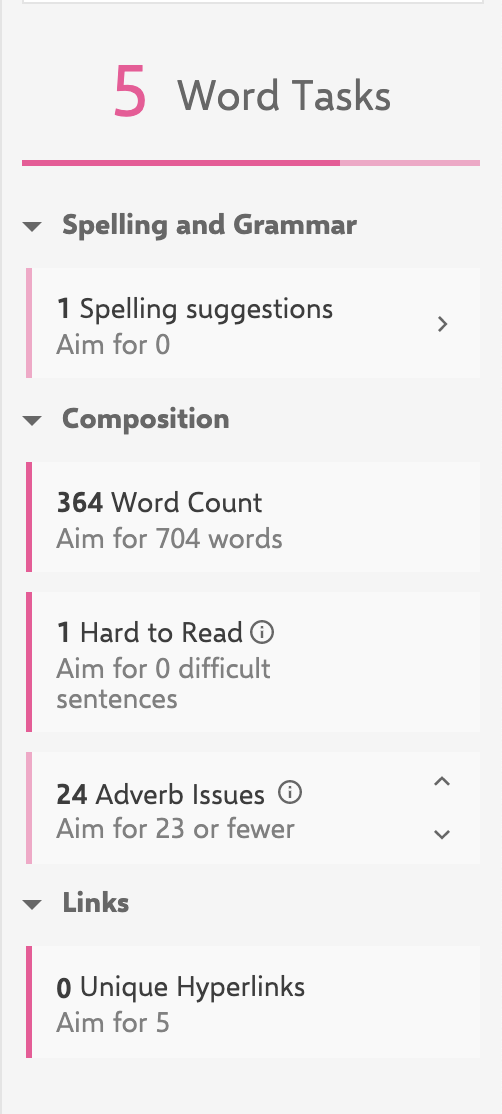 Screenshot from INK showing the word tasks that need to be completed to optimize SEO.