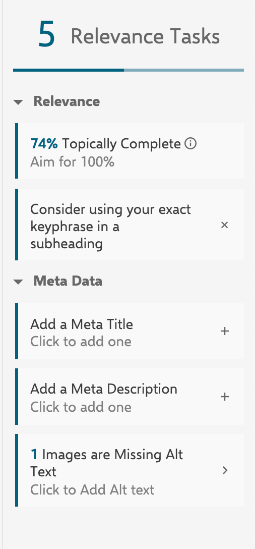 Screenshot of INK showing me the areas I need to improve to increase my SEO. 