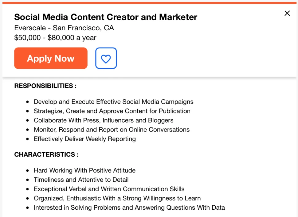 Screenshot from Indeed.com for a content creator and marketer