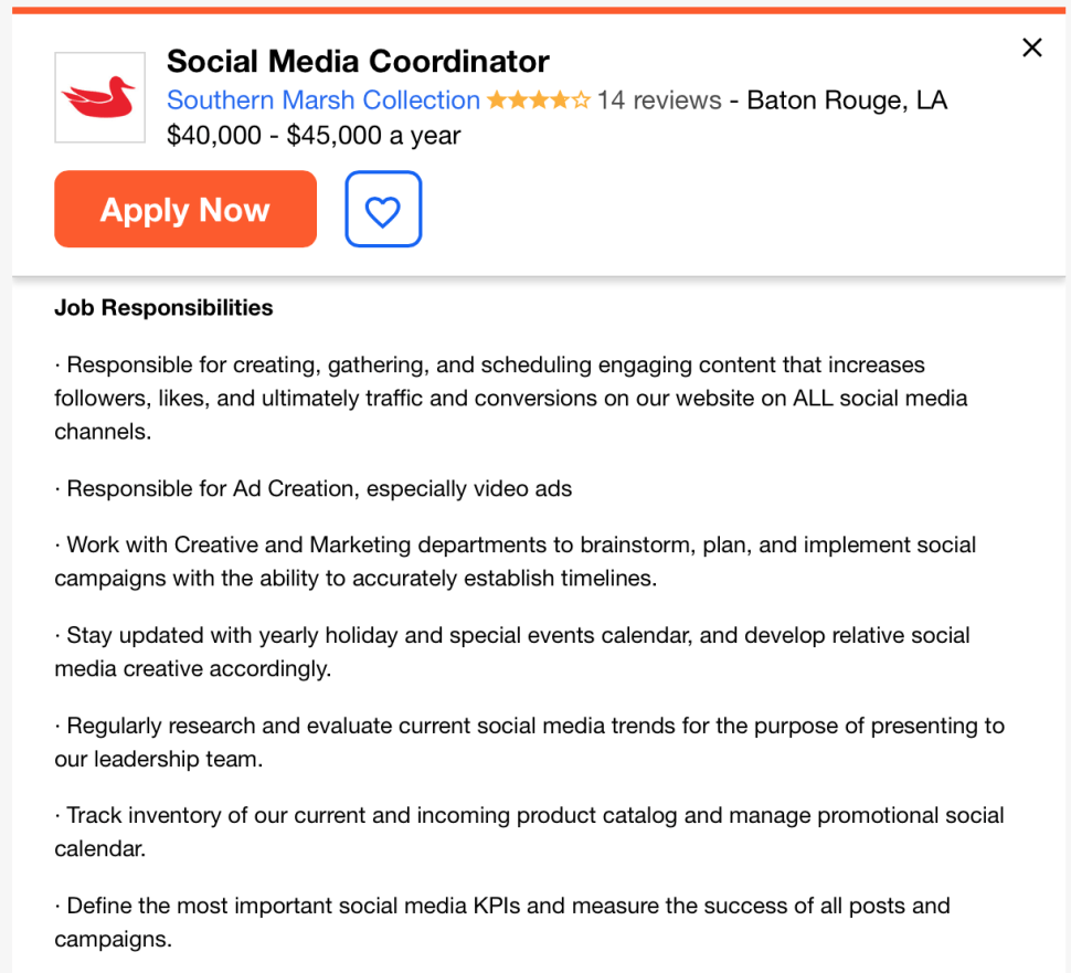 Screenshot of a digital content producer job post from Indeed.com for a social media coordinator in Baton Rouge. 