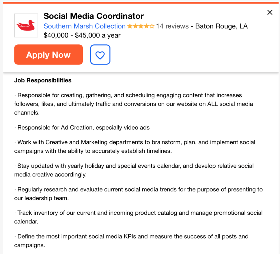 Screenshot of a digital content producer job post from Indeed.com for a social media coordinator in Baton Rouge.