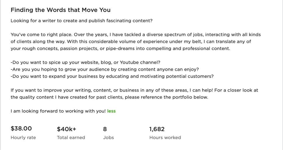 Screenshot from Upwork showing what a freelance content creator makes an hour