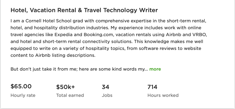 Screenshot from Upwork.com demonstrating that a content writer with specialized knowledge asks for a higher hourly rate. 