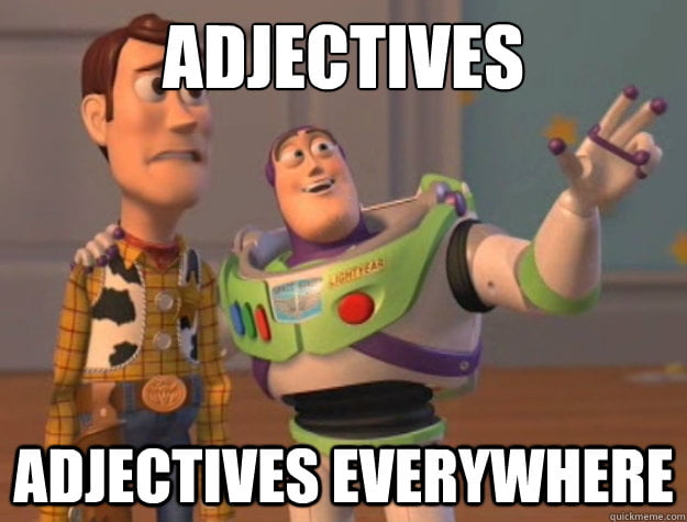 Toy Story's Buzz and Woody explore the world of adjectives beginning with a