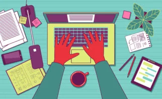 A vibrantly colored birds-eye-view of two hands on a laptop surrounded by a desk covered with a plant, phone, papers, and other work materials that a content creator uses