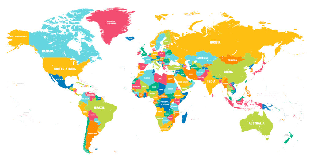 A color-coded map of the world against a white background