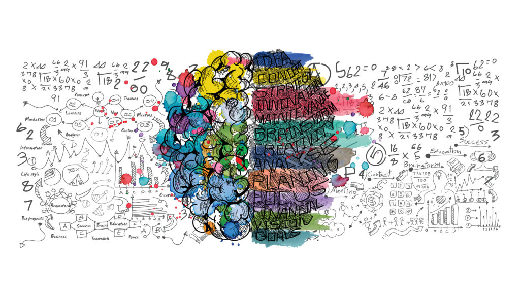 Sketch of a brain. Information enters the multi-colored left hemisphere. The right hemisphere is overlayed with colorful, linear steps like "planning", execution" as organized data leaves the brain