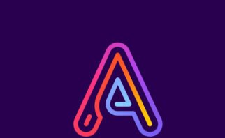 A neon light-style letter "A" against a deep purple background representing adjectives starting with a