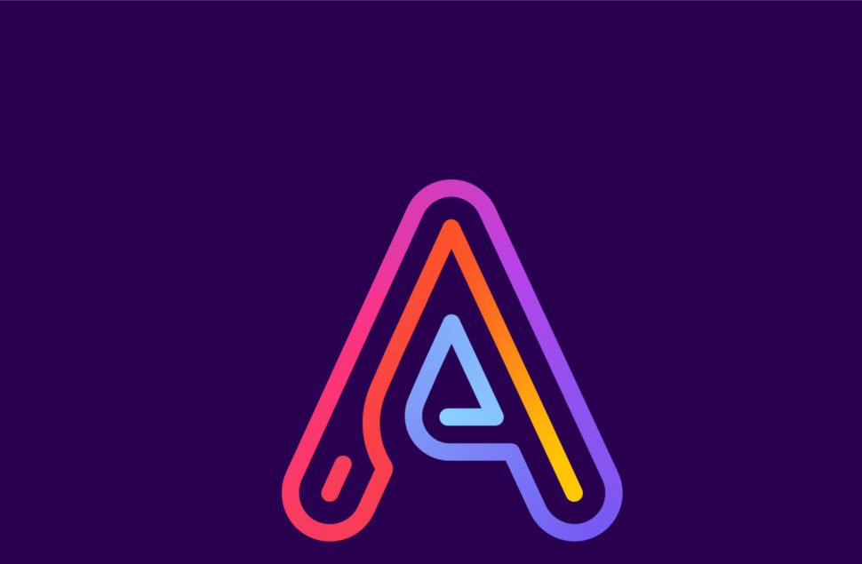 A neon light-style letter "A" against a deep purple background representing adjectives starting with a