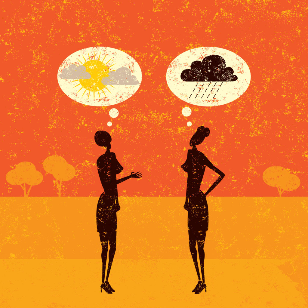 Drawing of two women as silhouettes. One has a thought bubble with a sun floating above her head. The other, a thought bubble with a raining cloud.