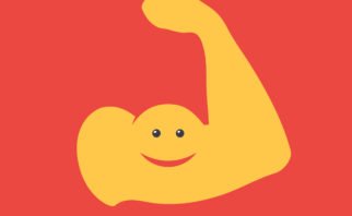 Yellow muscle emoji bicep flexing with a smiley face as the muscle bulge against a red background