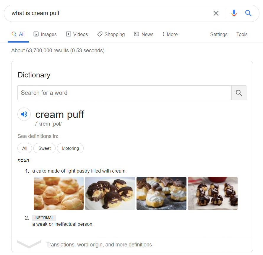 Google Search answer to query "What is cream puff?"