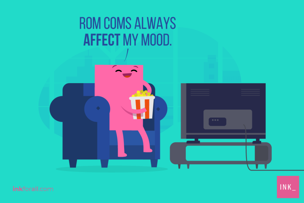 A pink cartoon character sits on the couch watching TV holding popcorn. His smile shows how the movie affects his mood.