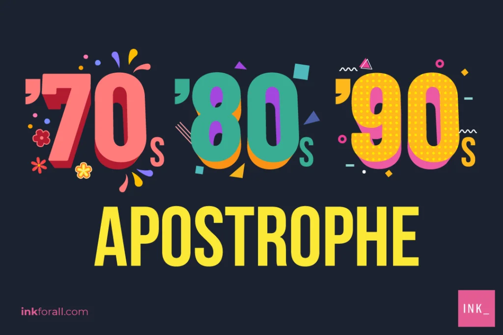Three decades are pictured on a a dark background. On the far left, '70s appears in pink with flower-power stickers, in the middle appears '80s with characteristic Memphis Design details, and '90s appears in yellow on the right.