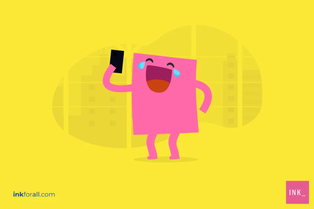 A square pink cartoon character stands against a yellow background holding a cell phone. His eyes are closed and his mouth is wide open in laughter. He is crying laughing at something on the screen.