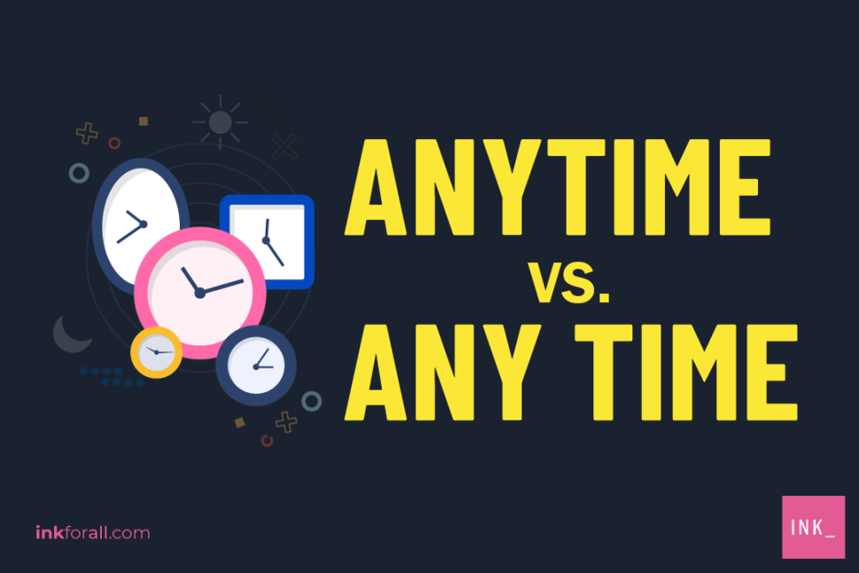 Different styles of cartoon clocks in varying colors against a dark blue background are on the left. On the right is the text: Anytime vs. any time