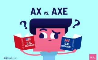 A boy holding two dictionaries. On his left hand is an American English dictionary and on his right hand is a British English dictionary. He's confused on whether to spell ax with or without e at the end.