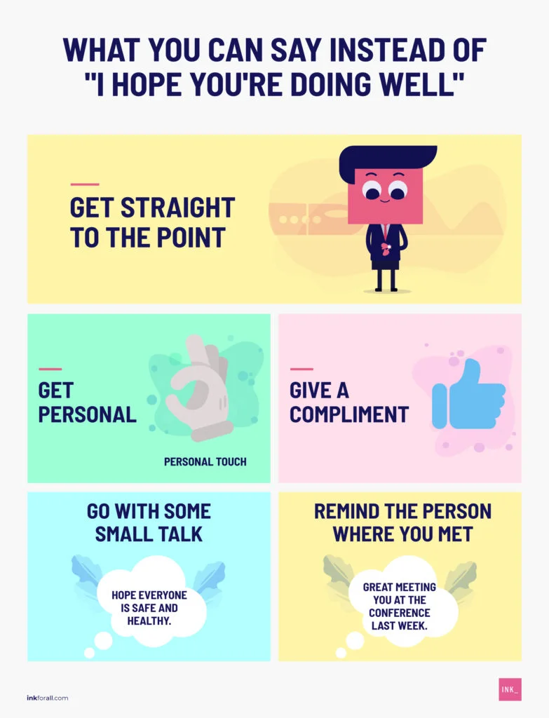 What you can say instead of "I hope you're doing well." First, get straight to the point. Second, get personal. Third, give a compliment. Fourth, go with some small talk. For instance, you may start with "hope everyone is safe and healthy." Fifth, remind the person where you met. For example, start with "Great meeting you at the conference last week."