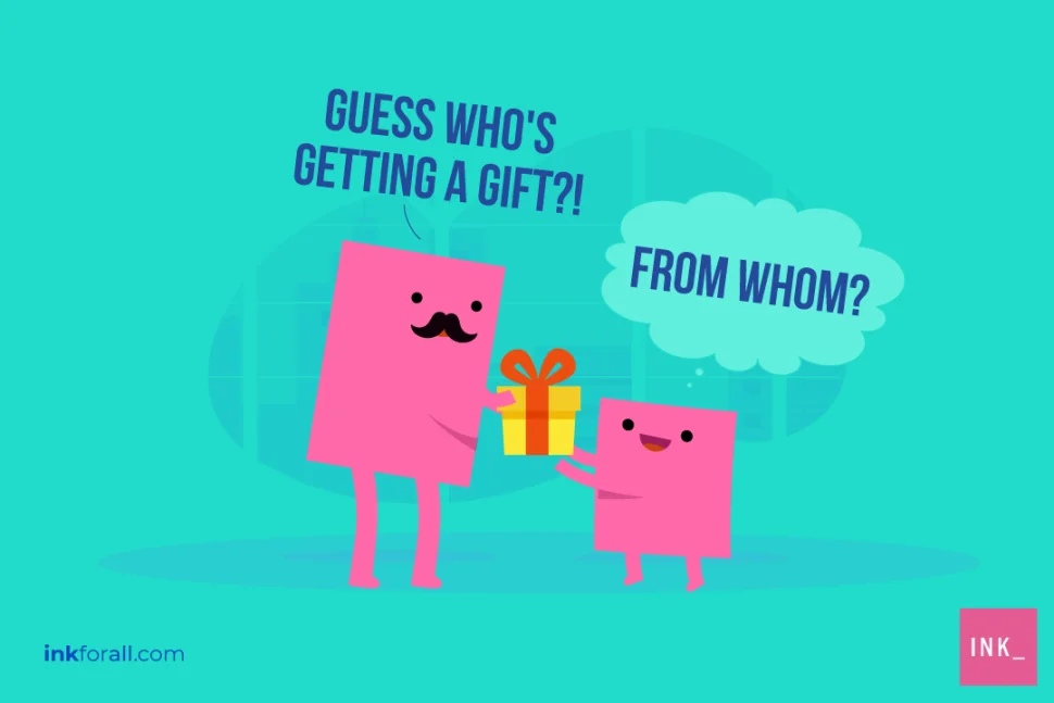 In this image, "who" refers to the recipient of the gift, the kid (subject). Meanwhile, "whom" in the kid's question relates to the person who sent the gift (object of the kid's curiosity).