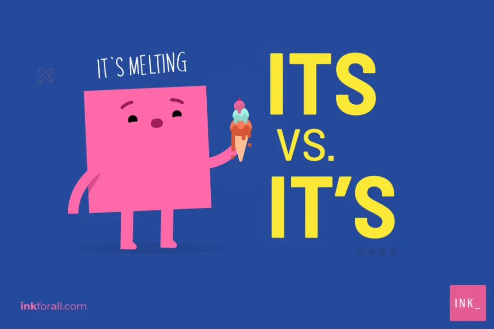 A pink square character holds an ice cream that's melting. He looks upset and has the text "It's melting" above his head.