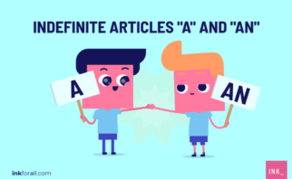 Indefinite articles "A" and "AN." Two boys holding placards. One placard reads A while the other AN.