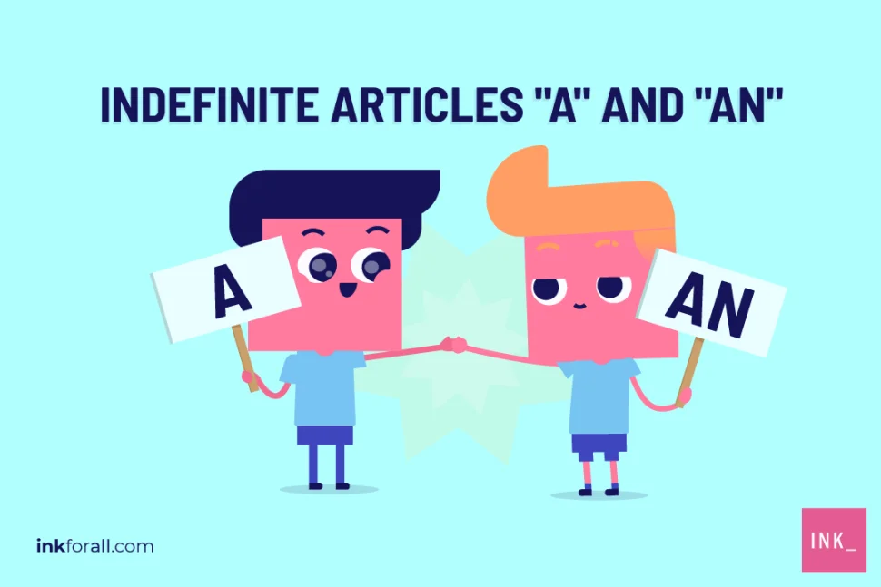 Indefinite articles "A" and "AN." Two boys holding placards. One placard reads A while the other AN.