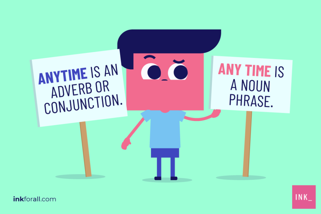 A boy explaining the difference between anytime vs. any time. "Anytime" is an adverb or conjunction. On the other hand, "any time" is a noun phrase.