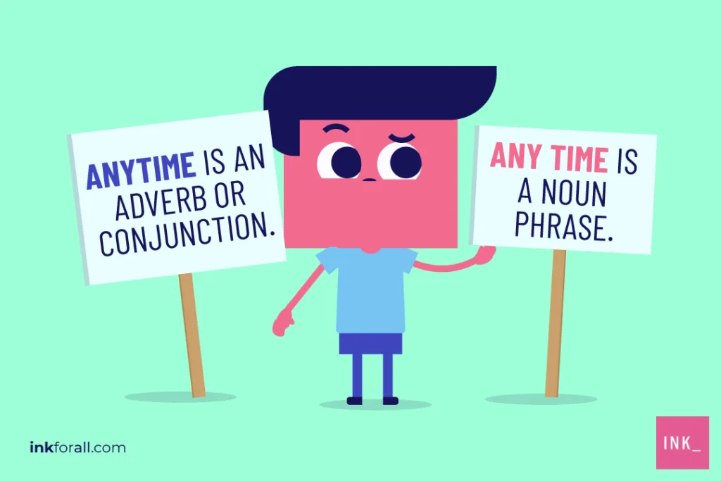 A boy explaining the difference between anytime vs. any time. "Anytime" is an adverb or conjunction. On the other hand, "any time" is a noun phrase.