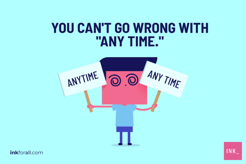 A cartoon character with a blue t-shirt and jeans holds two signs. In his left hand, he holds a sign that says ANYTIME as one word. In his right hand, he holds a sign that says ANY TIME with two words. He looks confused. The text above his head says "You can't go wrong with any time (two words)."