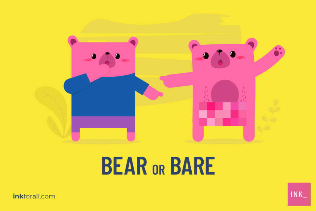 Two cartoon bears are pictured against a yellow background. The bear on the left is fully clothed. He looks shocked as he holds one paw over his mouth and points at the other bear. The other bear, on the right, is completely nude with a censor bar. He is pointing at the other bear. The text below them reads BEAR OR BARE?