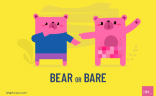 Two cartoon bears against a yellow background are pointing at each other. One is fully clothed and represents the word BEAR. The other is completely nude with a censorship bar and represents the word BARE.