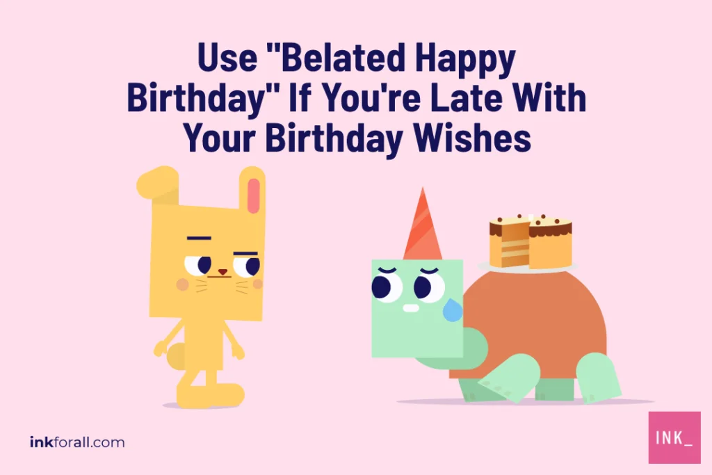 A turtle with a cake on top of his shell looking apologetic while facing his friend bunny.